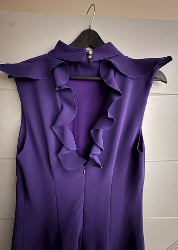 Mor Fırfırlı Yüksek Yakalı Midi Elbise - Görsel 3