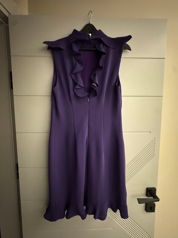 Mor Fırfırlı Yüksek Yakalı Midi Elbise - Görsel 2