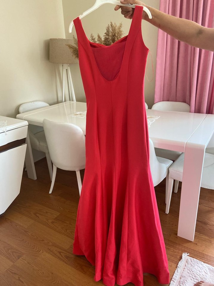 Kırmızı Uzun V Yaka Drapeli Abiye Elbise - Görsel 2