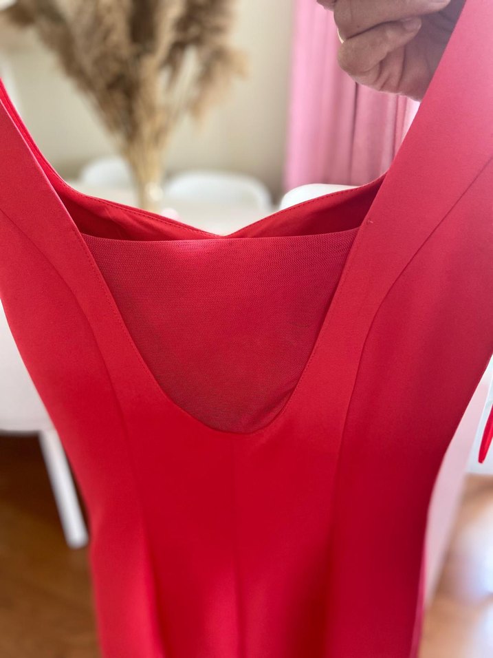 Kırmızı Uzun V Yaka Drapeli Abiye Elbise - Görsel 4