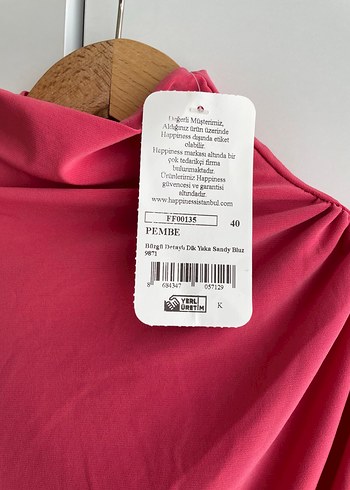 40 Beden pembe Renk Pembe Drapeli Yüksek Yakalı Uzun Kollu Bluz