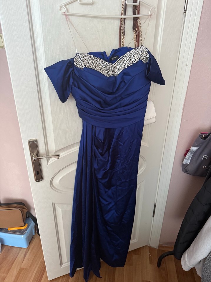 Parlak Mavi Straplez Uzun Kollu Hamile Tulum - Görsel 3