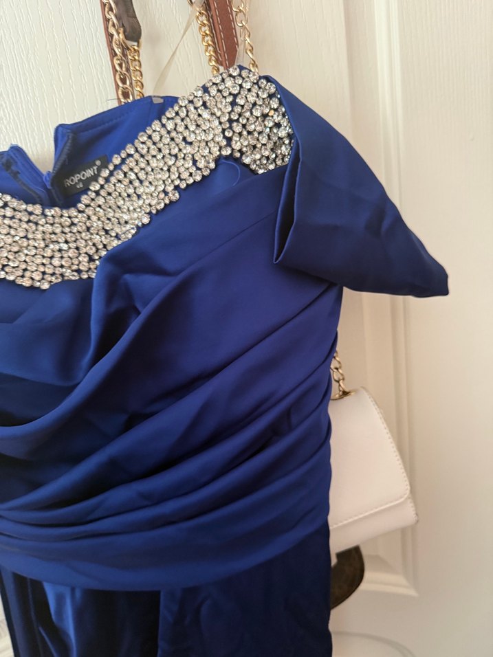 Parlak Mavi Straplez Uzun Kollu Hamile Tulum - Görsel 4