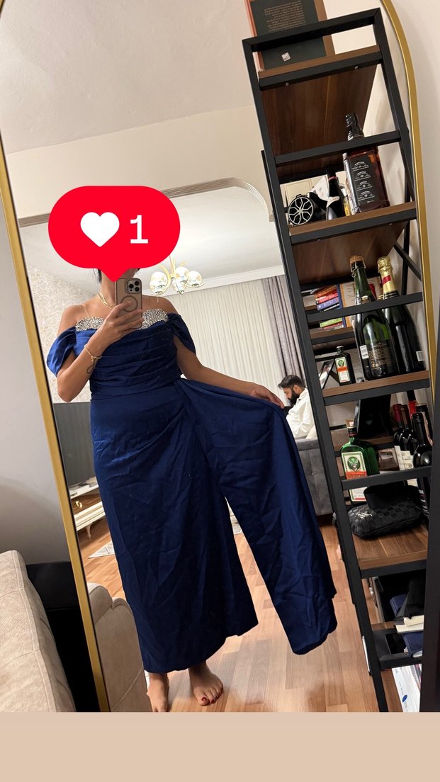 Parlak Mavi Straplez Uzun Kollu Hamile Tulum - Görsel 2