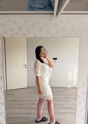 Kısa Kollu Beyaz Midi Dantel Mini elbise - Görsel 3