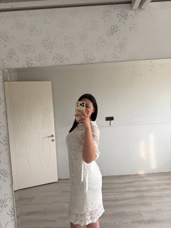 Kısa Kollu Beyaz Midi Dantel Mini elbise - Görsel 4