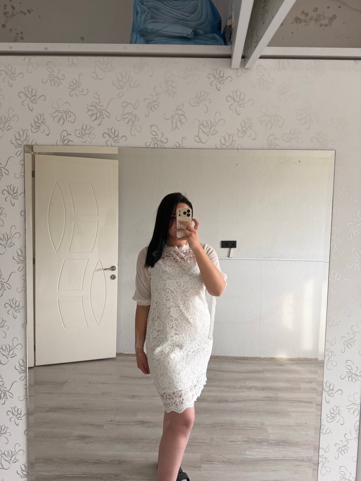 Kısa Kollu Beyaz Midi Dantel Mini elbise - Görsel 2