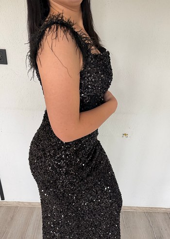 Parlak Siyah V Yaka Pulpalet Uzun Abiye Elbise - Görsel 3