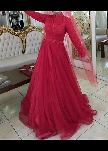 Abiye Dantel İşlemeli Kırmızı Uzun Kollu Gelinlik