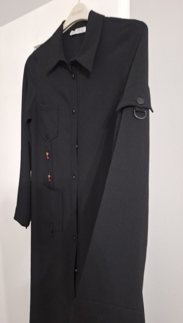 Düğmeli Siyah Uzun Kadın tunik - Görsel 2