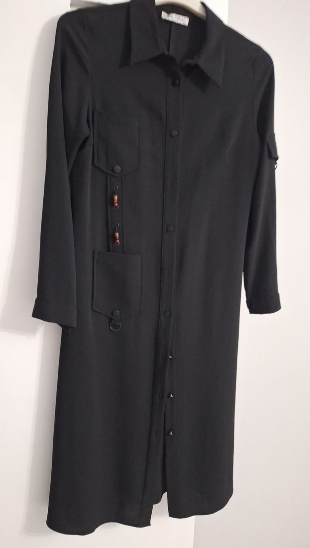 Düğmeli Siyah Uzun Kadın tunik - Görsel 3