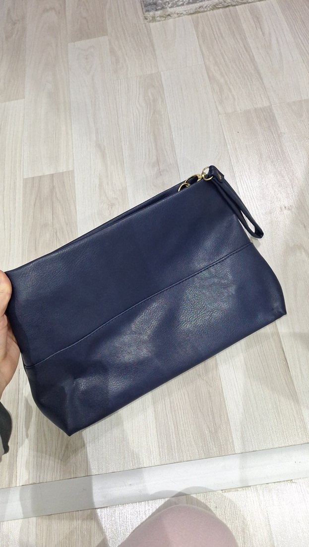 Lacivert Deri Fermuarlı Kadın Portföy Çanta - Görsel 2