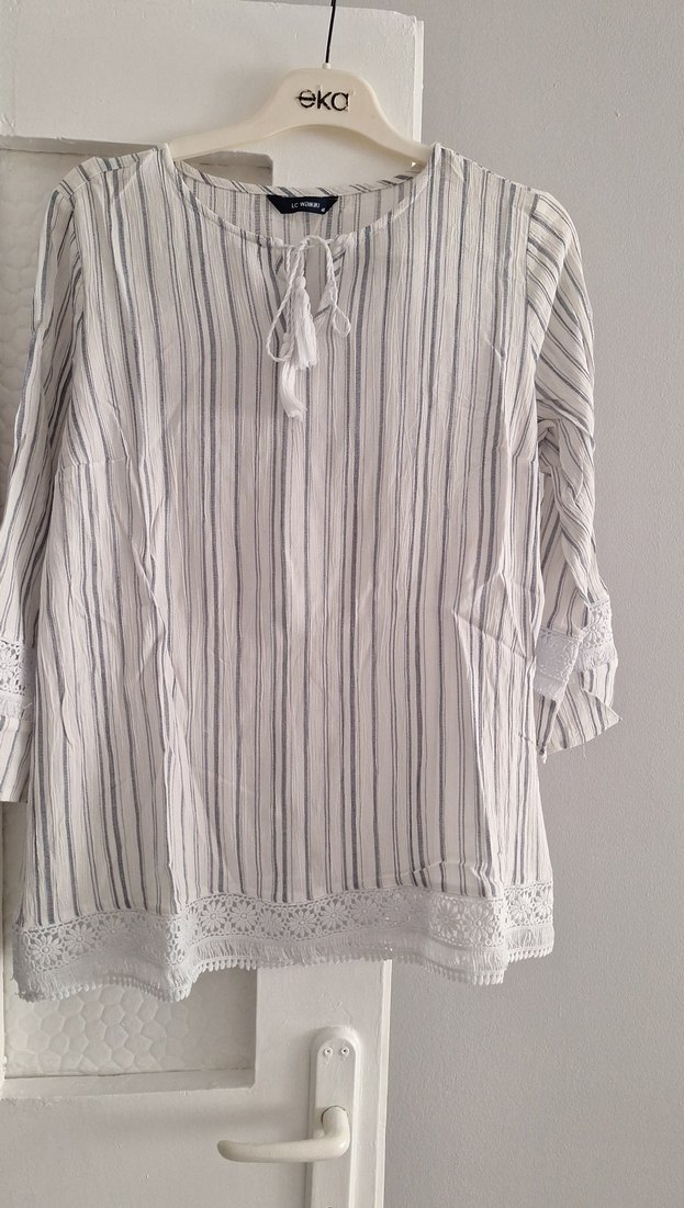 Dantel Detaylı Bohem Çizgili Kadın Bluz - Görsel 4