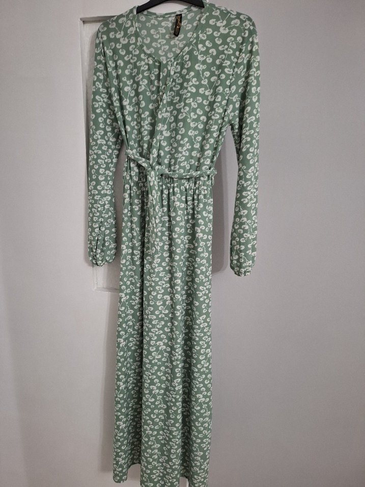 Uzun Kol Bağlamalı V Yaka Bohem Elbise - Görsel 2