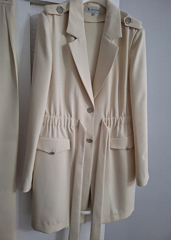 Bej Kadın Kemerli Uzun Ceket Takım - Görsel 5