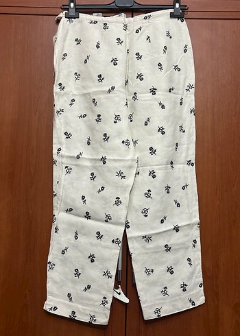 Nakışlı Düğmeli Kadın Keten Pantolon - Görsel 3