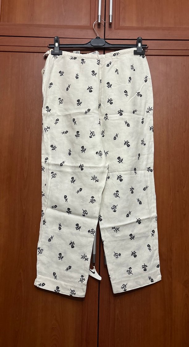 Nakışlı Düğmeli Kadın Keten Pantolon - Görsel 3