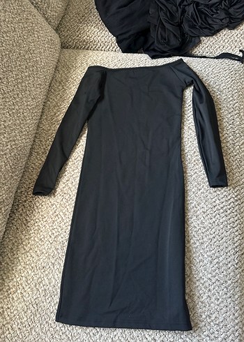 Uzun Kollu Siyah Drapeli Kadın Elbise - Görsel 2