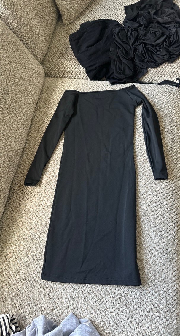 Uzun Kollu Siyah Drapeli Kadın Elbise - Görsel 2