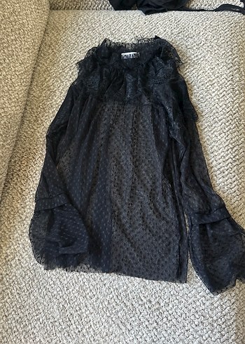 Uzun Kollu Siyah Gotik Fırfırlı Bluz - Görsel 3