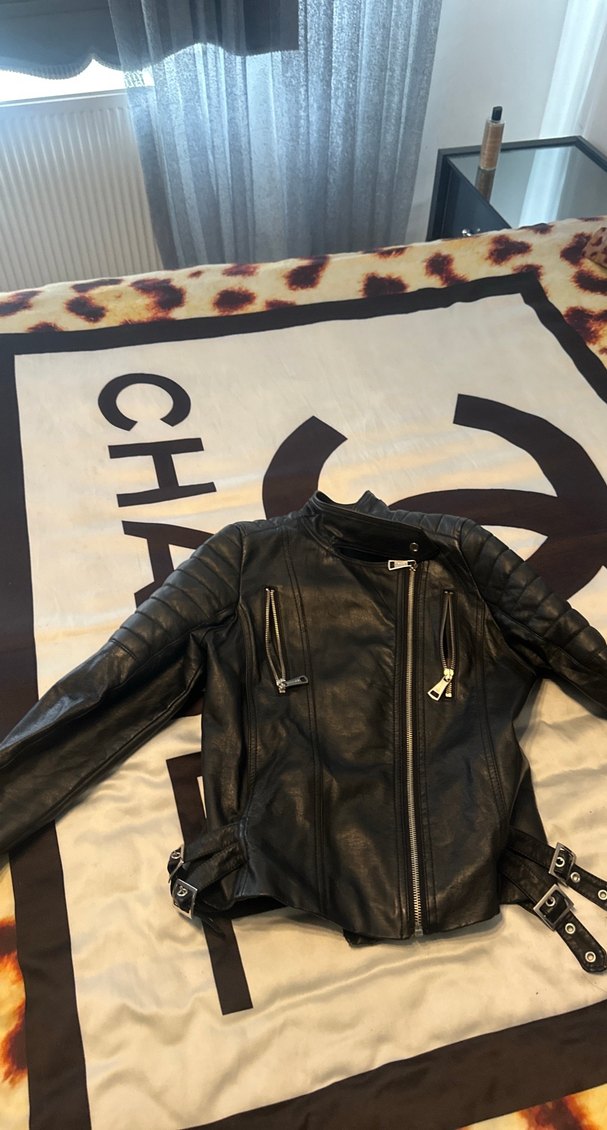 Kemerli Siyah Deri Biker Ceket - Görsel 2