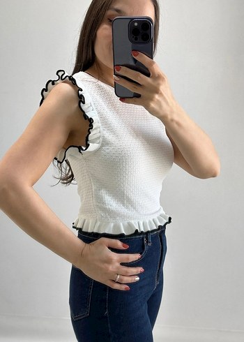 Zara Fırfırlı Kolsuz Beyaz Keten Bluz - Görsel 3