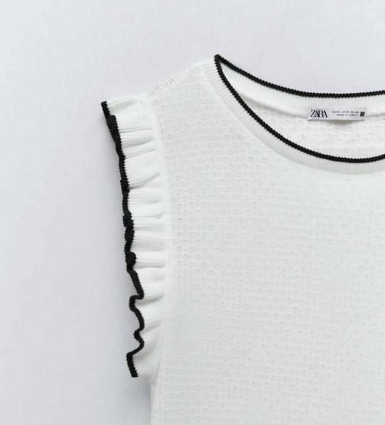 Zara Fırfırlı Beyaz Kısa Kollu Triko Bluz - Görsel 3