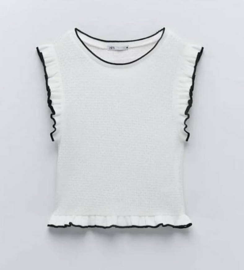 Zara Fırfırlı Beyaz Kısa Kollu Triko Bluz - Görsel 5