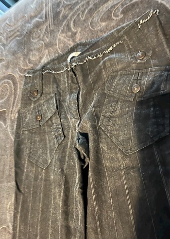 Kemerli Çizgili Gri Kadın Denim Pantolon - Görsel 3