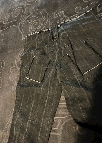 Kemerli Çizgili Gri Kadın Denim Pantolon - Görsel 4