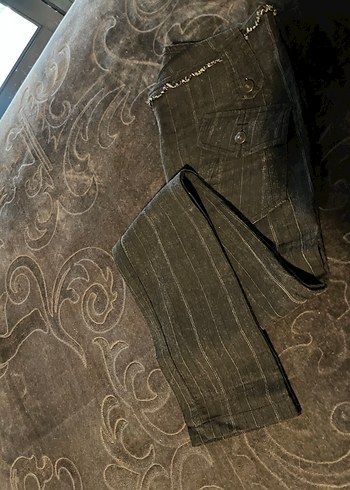 Kemerli Çizgili Gri Kadın Denim Pantolon - Görsel 6