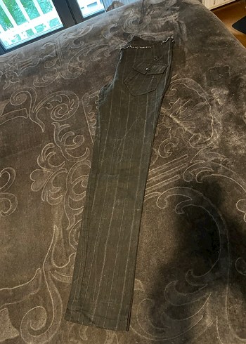 Kemerli Çizgili Gri Kadın Denim Pantolon - Görsel 5