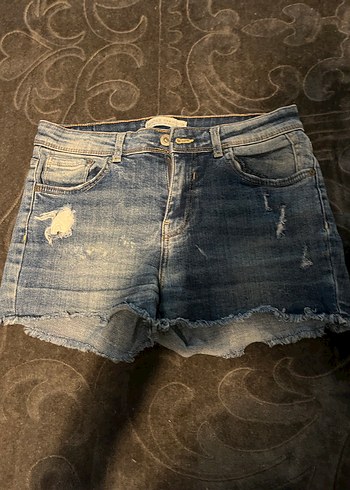 Bershka Düğmeli Gri Mavi Kadın Mini Kot Şort - Görsel 5