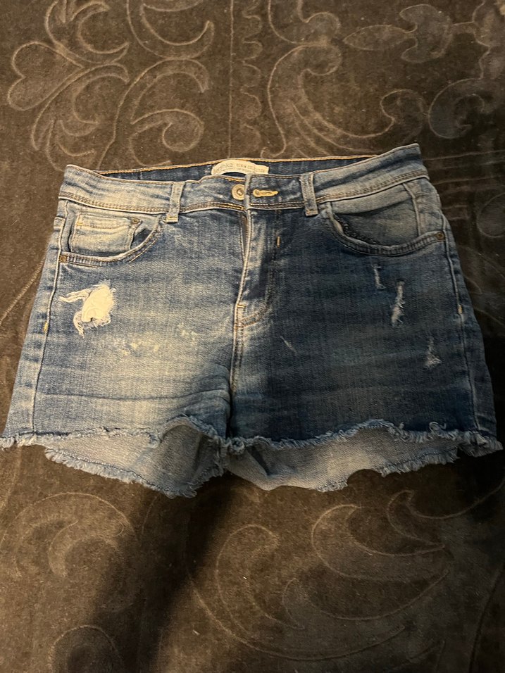 Bershka Düğmeli Gri Mavi Kadın Mini Kot Şort - Görsel 5