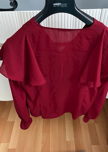 Bordo Düğmeli V Yaka Uzun Kollu Kadın Bluz - Görsel 3