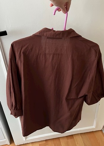 Düğmeli Kahverengi Keten Kadın Gömlek - Görsel 4