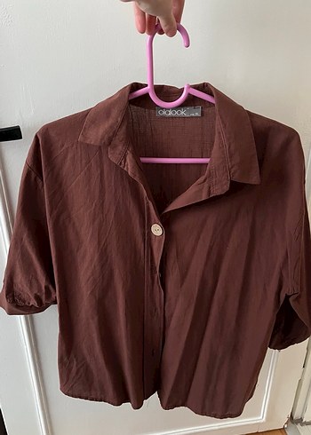 Düğmeli Kahverengi Keten Kadın Gömlek - Görsel 5