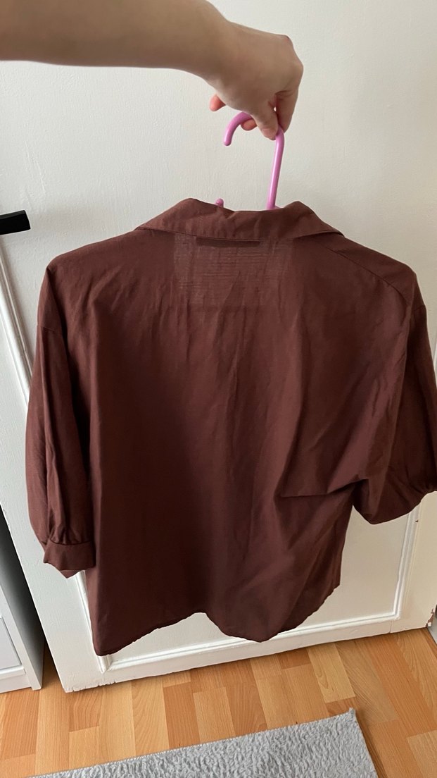 Düğmeli Kahverengi Keten Kadın Gömlek - Görsel 4