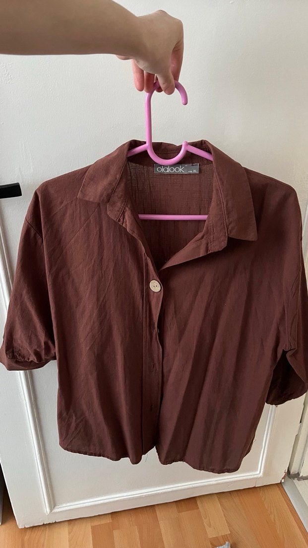 Düğmeli Kahverengi Keten Kadın Gömlek - Görsel 5