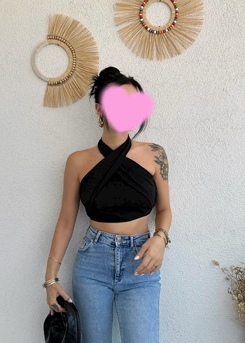 Siyah Halter Yaka keten Kısa Denim Crop Top