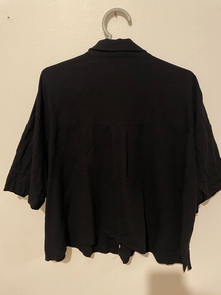 Siyah Keten Düğmeli Kadın Gömlek - Görsel 2