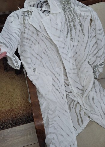 Uzun Beyaz Nakışlı Bohem Kadın abiye trenç - Görsel 6