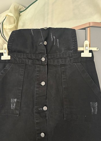 Düğmeli Siyah Uzun Denim Etek - Görsel 3