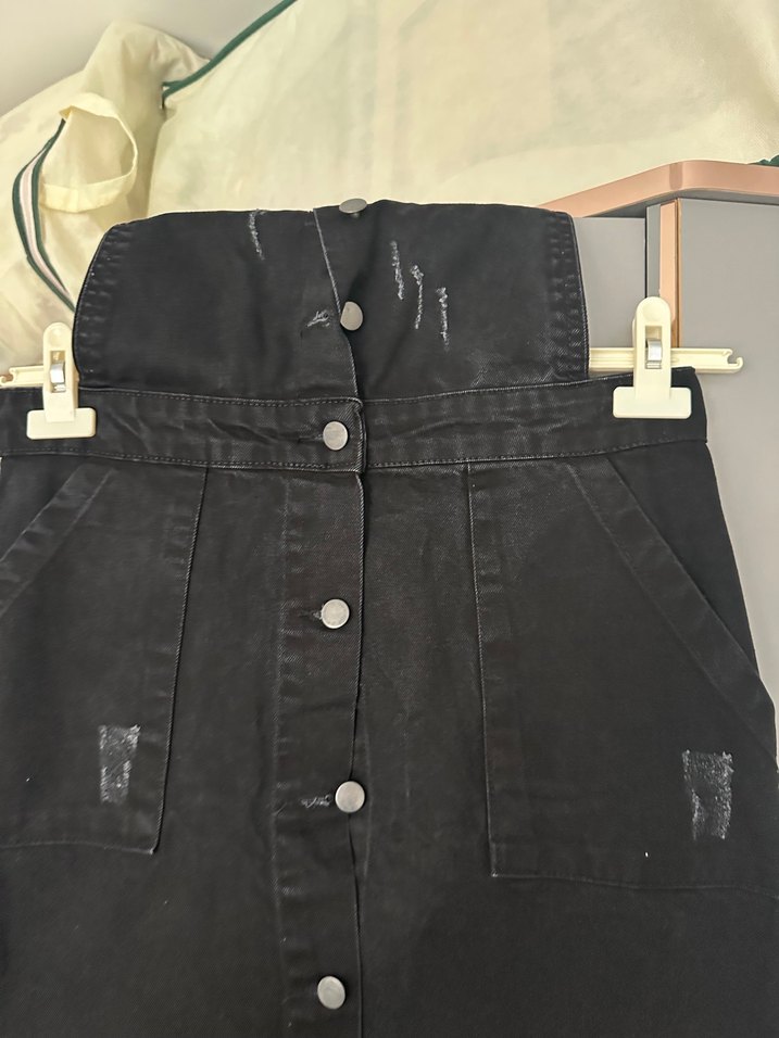 Düğmeli Siyah Uzun Denim Etek - Görsel 3