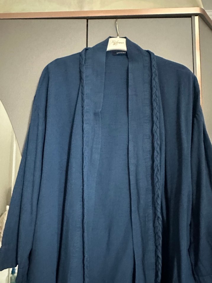 Bağcıklı Lacivert KETCHEE Kadın Keten Kimono - Görsel 3