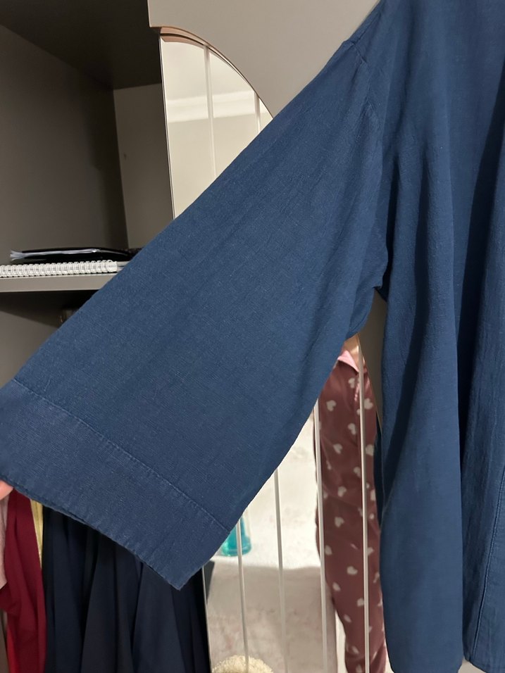 Bağcıklı Lacivert KETCHEE Kadın Keten Kimono - Görsel 5