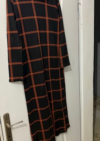 Kahverengi Kareli Uzun Kol Uzun Elbise - Görsel 7