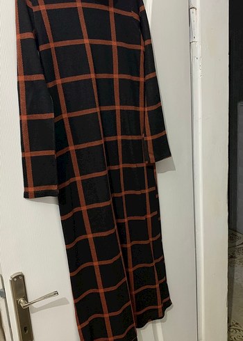 Kahverengi Kareli Uzun Kol Uzun Elbise - Görsel 6