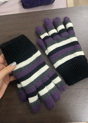 Kadın Mor Çizgili Örgü Eldiven - Görsel 4