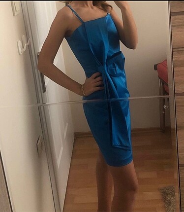 Mavi saten askılı gece elbisesi mezuniyet elbisesi